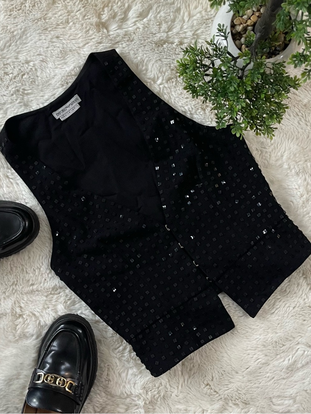 Rare Vintage Emporio Armani Black Sequin Cropped Vest XS